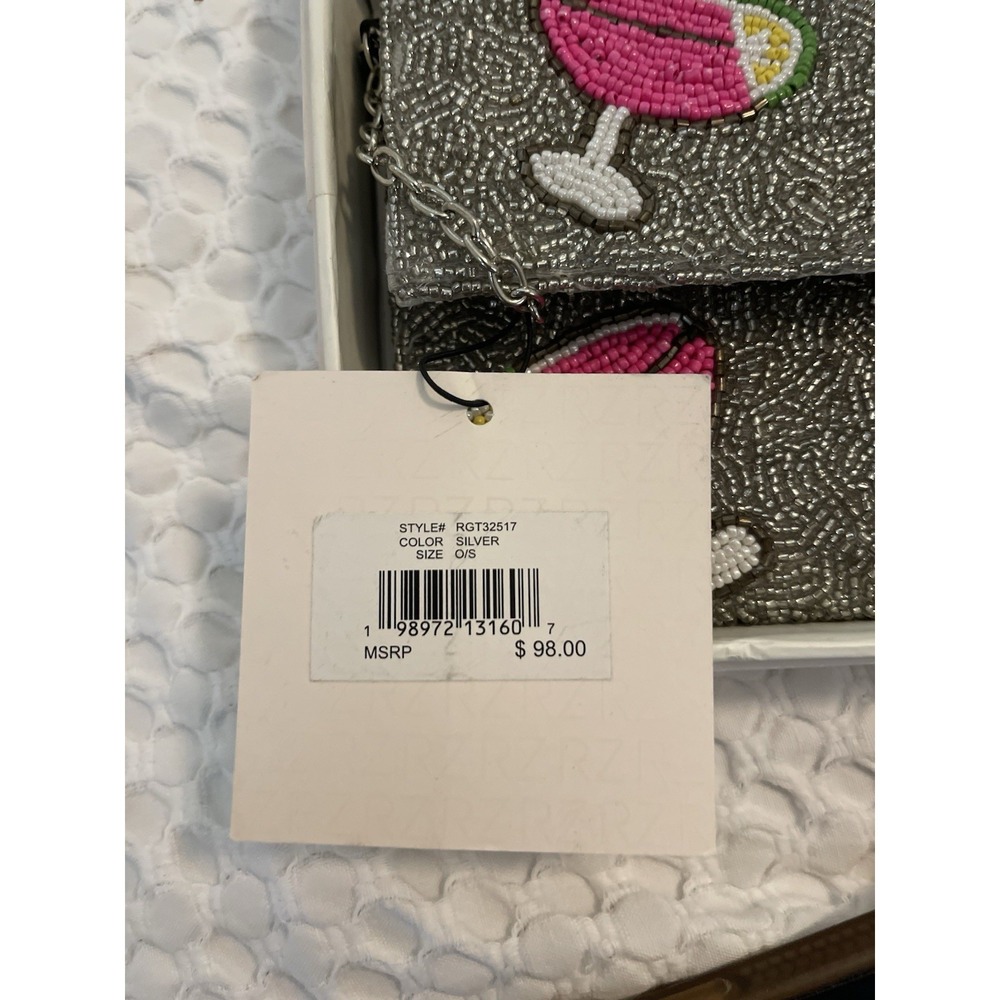 Rachel Zoe Clutch Purse W/Strap 3 PC Set Card Case & Charm Silver Martini Beaded - Picture 8 of 9
